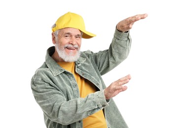 Photo of Elderly man in stylish outfit on white background