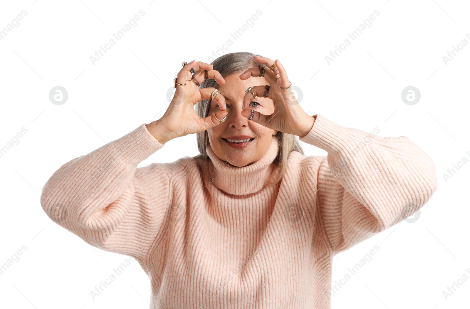 Senior woman wearing different rings on white background Photo of Senior woman wearing different rings on white background