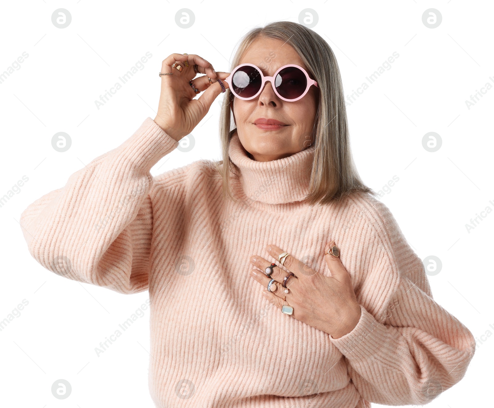 Senior woman wearing different rings and sunglasses on white background Photo of Senior woman wearing different rings and sunglasses on white background
