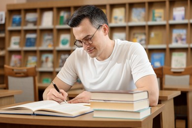 Photo of Man studying at desk in public library