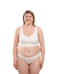 Photo of Weight loss. Plus size woman in underwear on white background