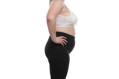 Photo of Weight loss. Plus size woman on white background, closeup