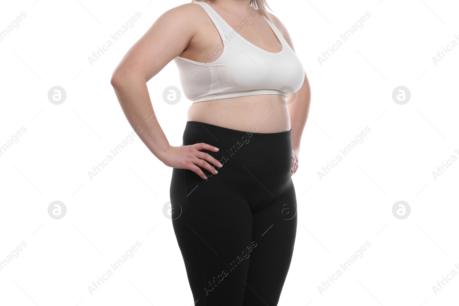Weight loss. Plus size woman on white background, closeup Photo of Weight loss. Plus size woman on white background, closeup