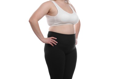 Photo of Weight loss. Plus size woman on white background, closeup