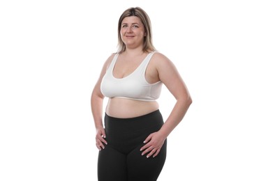Photo of Weight loss. Plus size woman on white background
