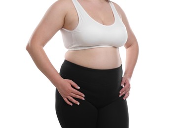 Photo of Weight loss. Plus size woman on white background, closeup