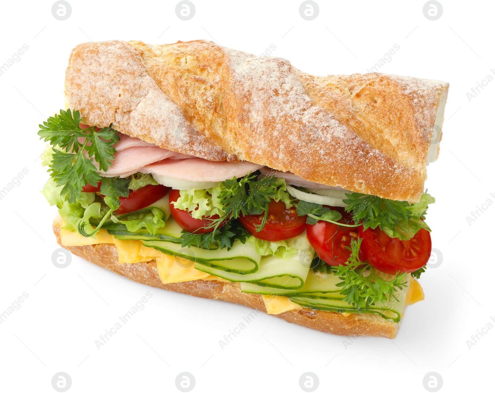 Tasty baguette sandwich with ham, cheese and vegetables isolated on white Photo of Tasty baguette sandwich with ham, cheese and vegetables isolated on white