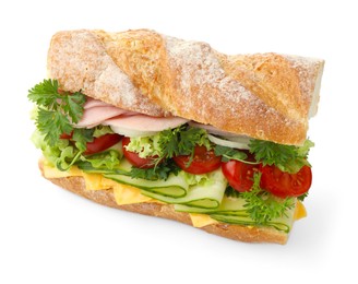 Photo of Tasty baguette sandwich with ham, cheese and vegetables isolated on white
