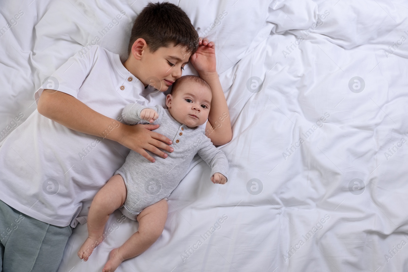Cute little brothers on bed, top view. Space for text Photo of Cute little brothers on bed, top view. Space for text