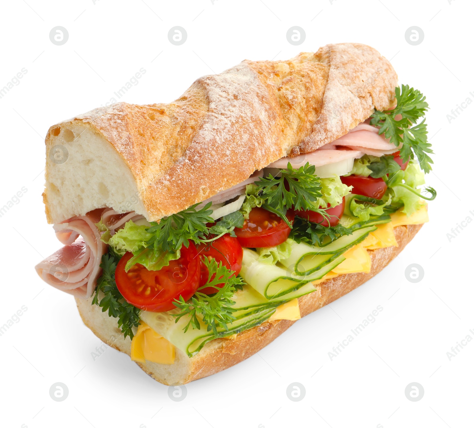 Tasty baguette sandwich with ham, cheese and vegetables isolated on white Photo of Tasty baguette sandwich with ham, cheese and vegetables isolated on white