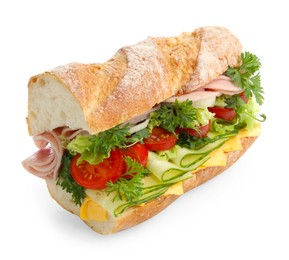 Photo of Tasty baguette sandwich with ham, cheese and vegetables isolated on white