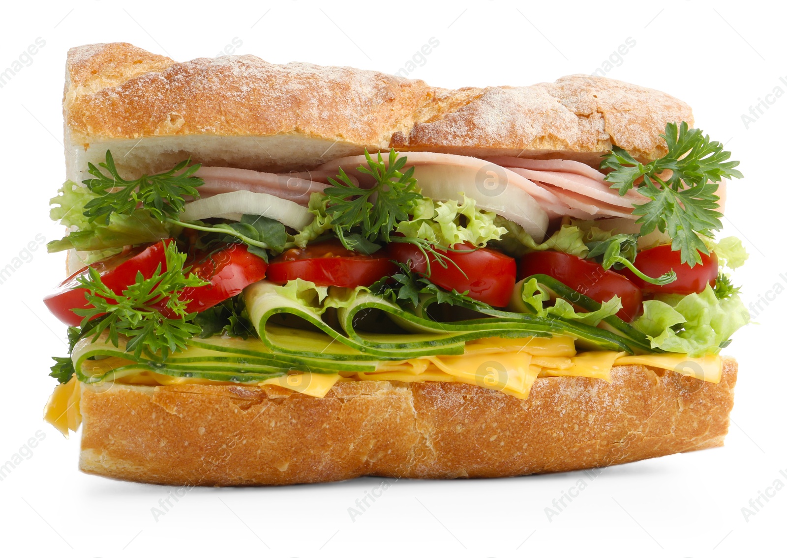Tasty baguette sandwich with ham, cheese and vegetables isolated on white Photo of Tasty baguette sandwich with ham, cheese and vegetables isolated on white