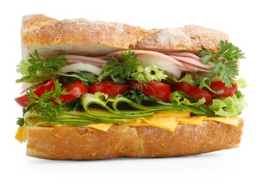 Photo of Tasty baguette sandwich with ham, cheese and vegetables isolated on white