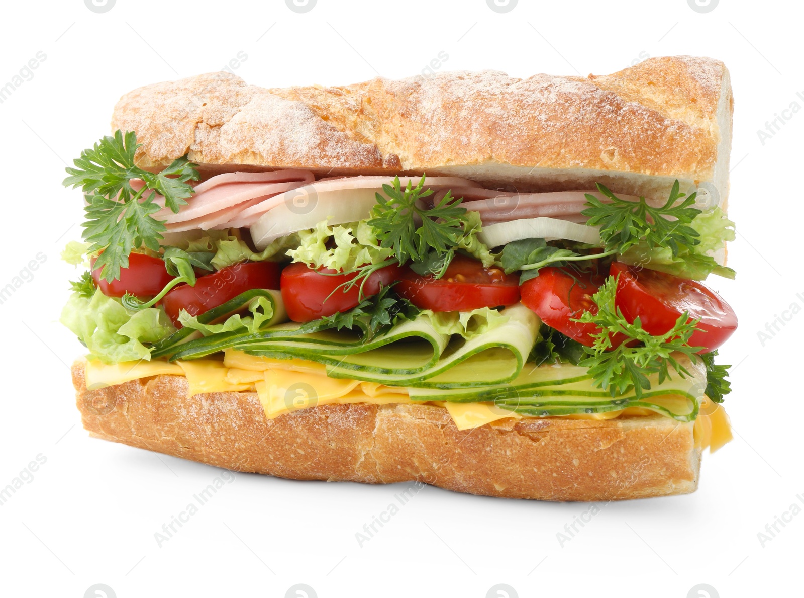 Tasty baguette sandwich with ham, cheese and vegetables isolated on white Photo of Tasty baguette sandwich with ham, cheese and vegetables isolated on white