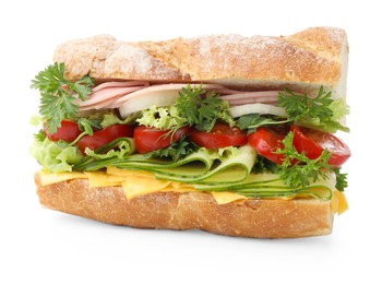 Photo of Tasty baguette sandwich with ham, cheese and vegetables isolated on white