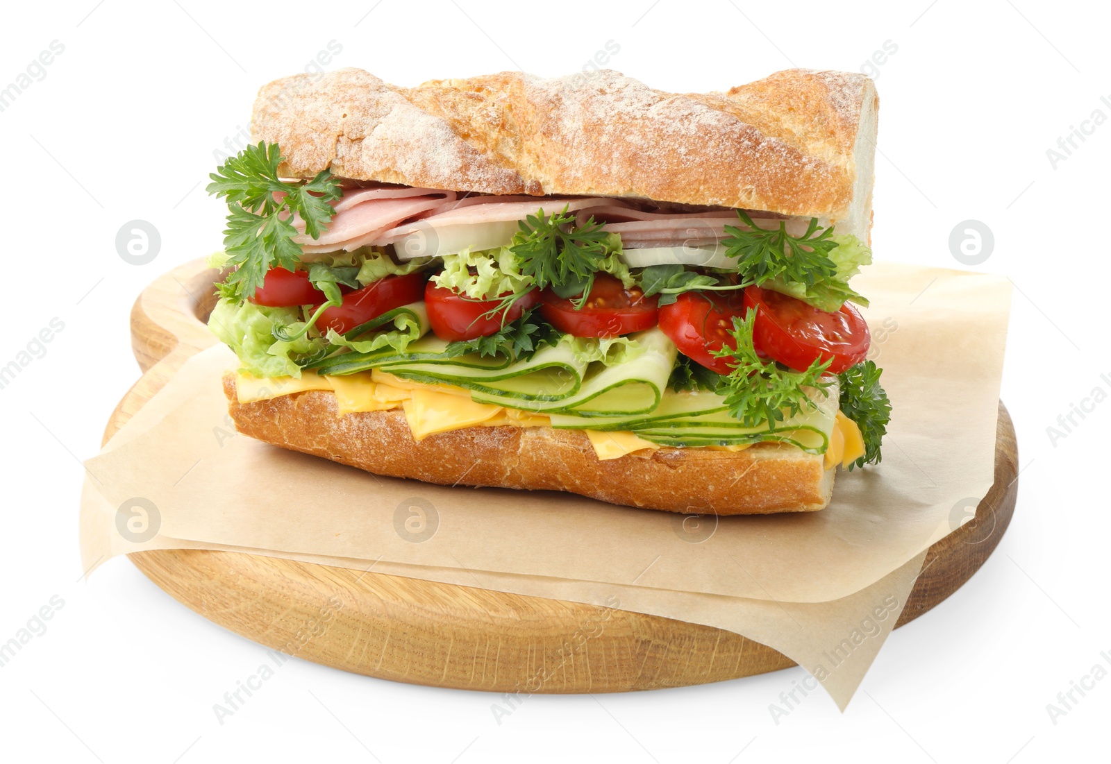 Tasty baguette sandwich with ham, cheese and vegetables isolated on white Photo of Tasty baguette sandwich with ham, cheese and vegetables isolated on white