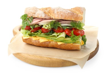 Photo of Tasty baguette sandwich with ham, cheese and vegetables isolated on white