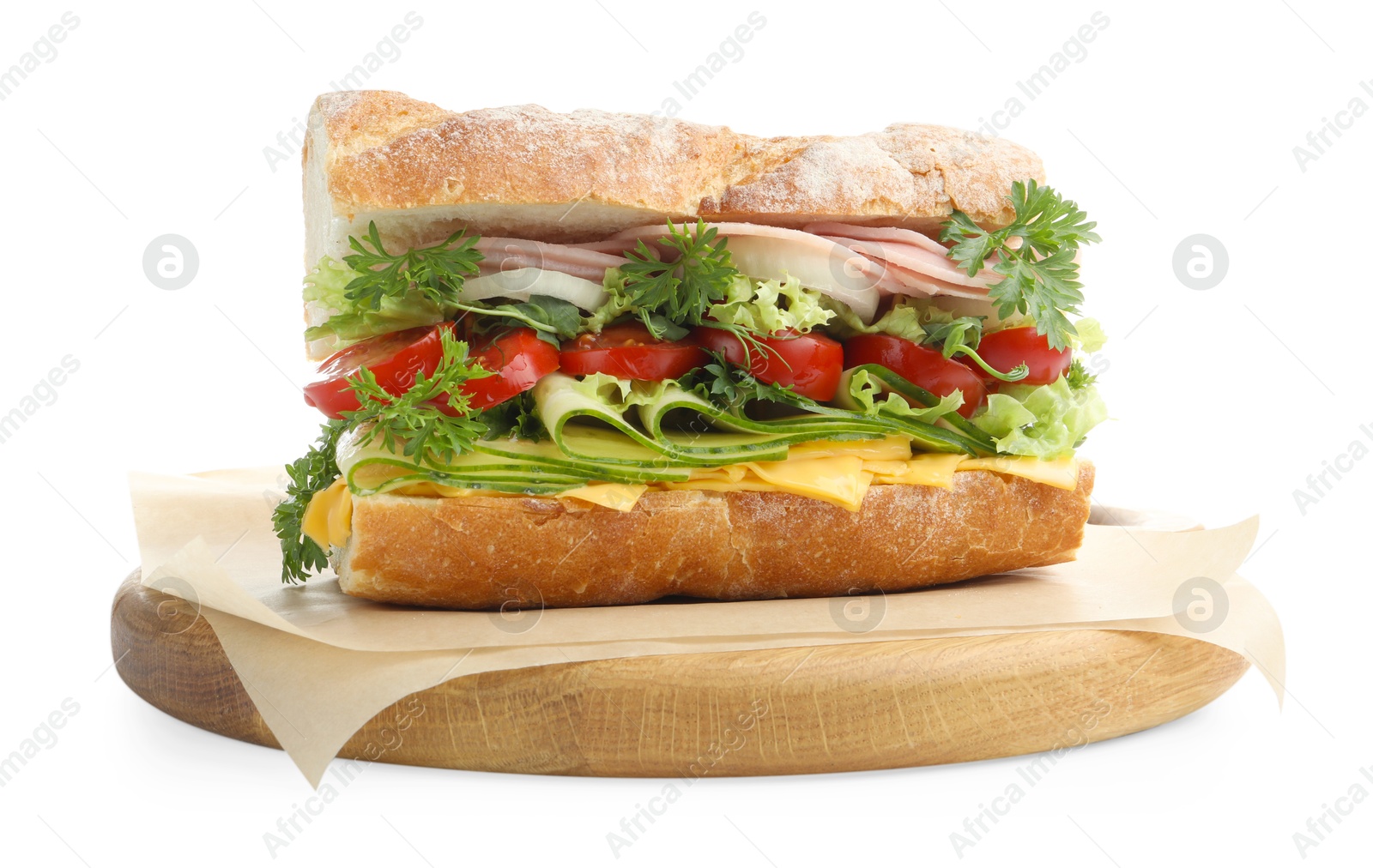 Tasty baguette sandwich with ham, cheese and vegetables isolated on white Photo of Tasty baguette sandwich with ham, cheese and vegetables isolated on white