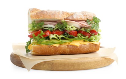 Photo of Tasty baguette sandwich with ham, cheese and vegetables isolated on white