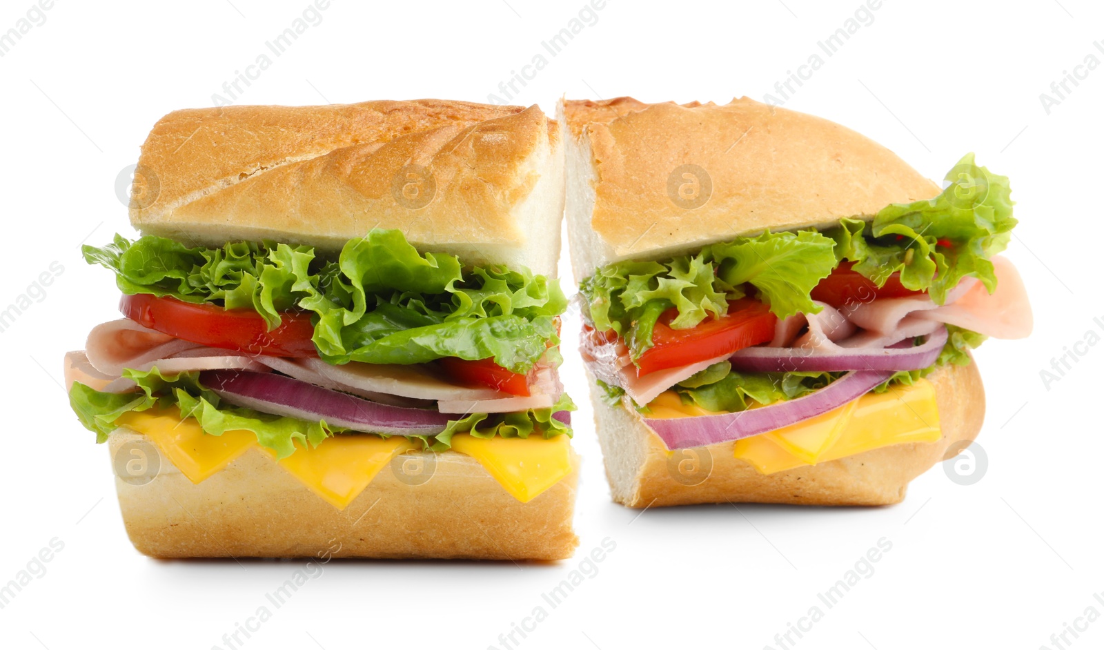 Pieces of tasty baguette sandwich with ham, cheese and vegetables isolated on white Photo of Pieces of tasty baguette sandwich with ham, cheese and vegetables isolated on white