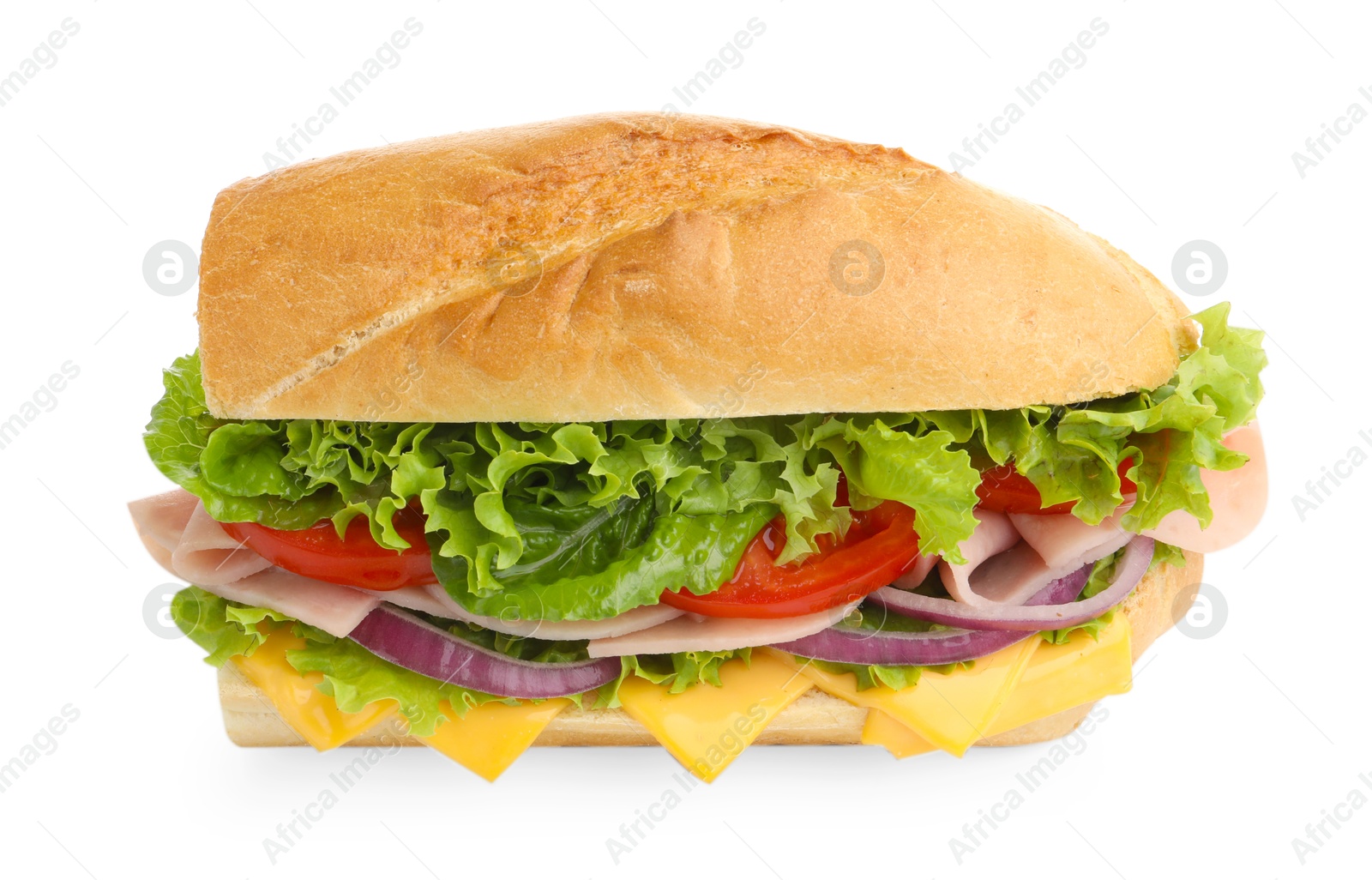 Tasty baguette sandwich with ham, cheese and vegetables isolated on white Photo of Tasty baguette sandwich with ham, cheese and vegetables isolated on white