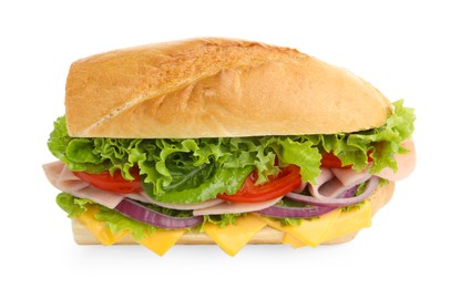 Photo of Tasty baguette sandwich with ham, cheese and vegetables isolated on white