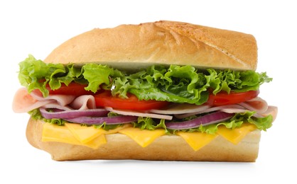Photo of Tasty baguette sandwich with ham, cheese and vegetables isolated on white