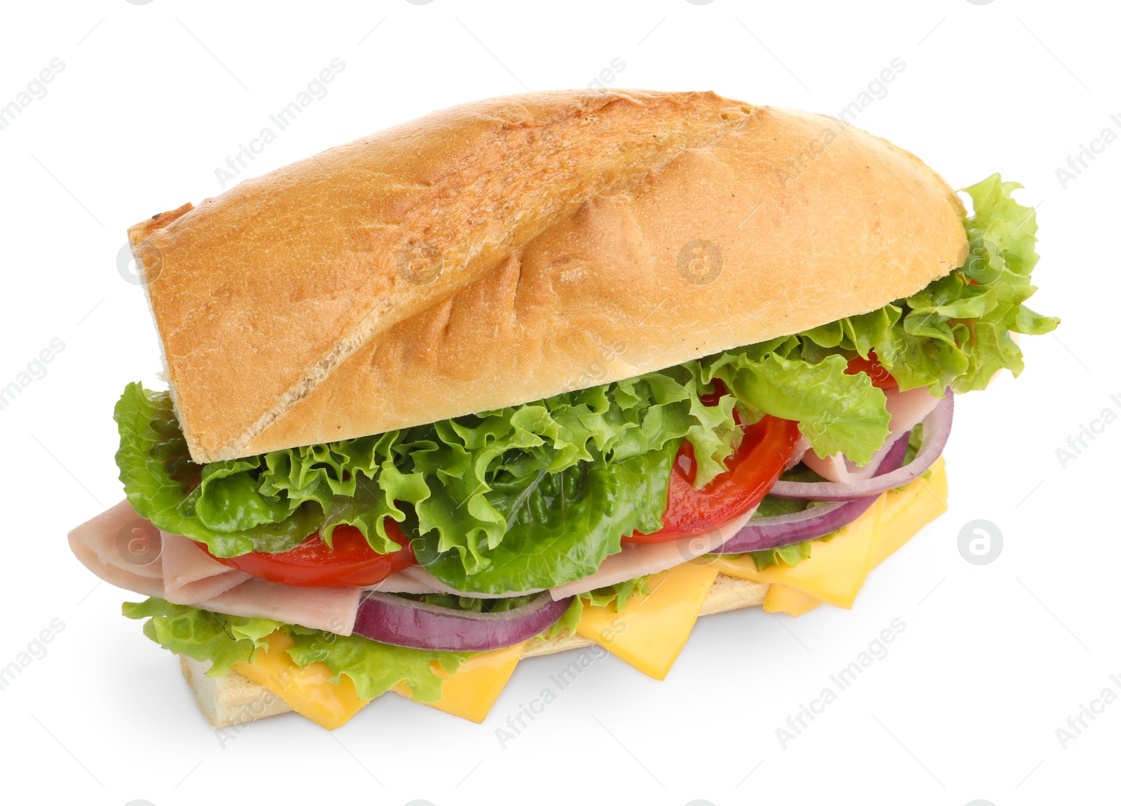 Tasty baguette sandwich with ham, cheese and vegetables isolated on white Photo of Tasty baguette sandwich with ham, cheese and vegetables isolated on white