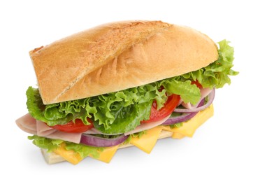Photo of Tasty baguette sandwich with ham, cheese and vegetables isolated on white