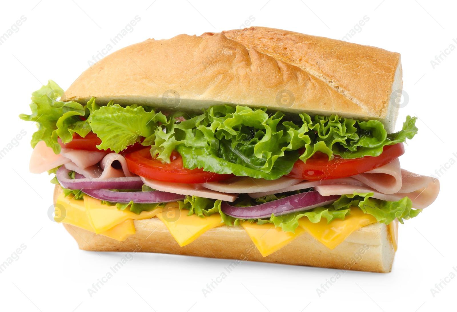 Tasty baguette sandwich with ham, cheese and vegetables isolated on white Photo of Tasty baguette sandwich with ham, cheese and vegetables isolated on white
