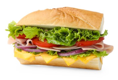 Photo of Tasty baguette sandwich with ham, cheese and vegetables isolated on white