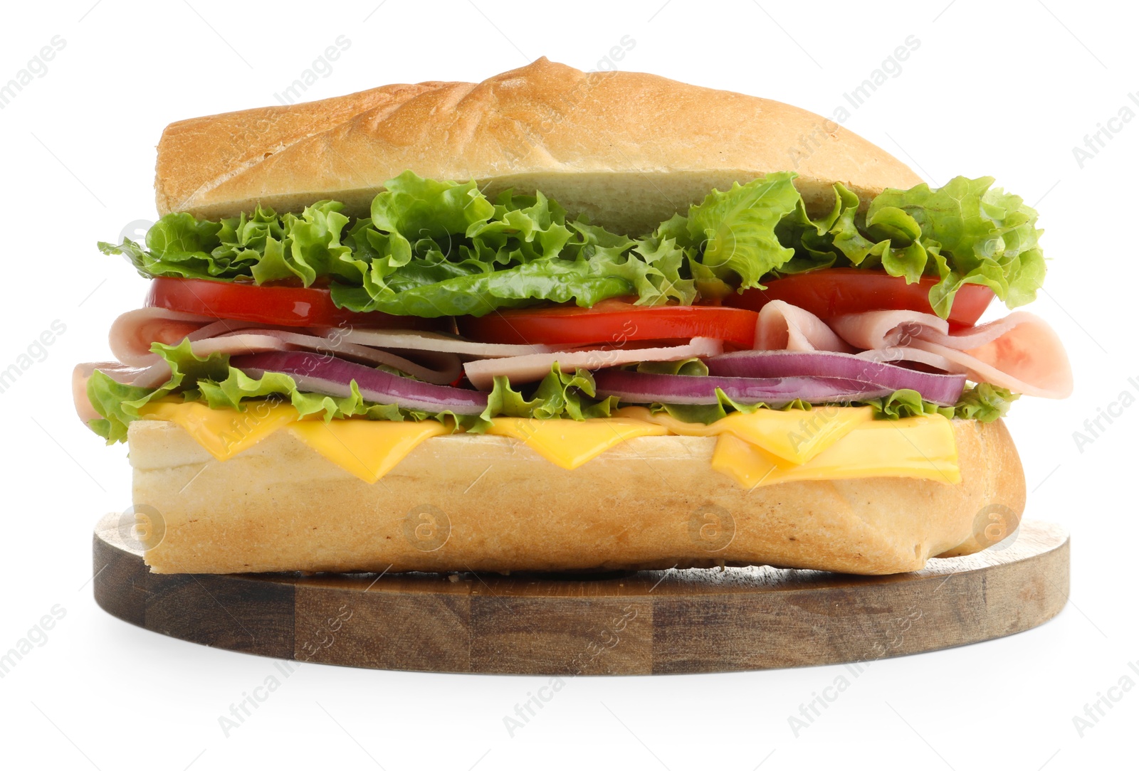 Tasty baguette sandwich with ham, cheese and vegetables isolated on white Photo of Tasty baguette sandwich with ham, cheese and vegetables isolated on white