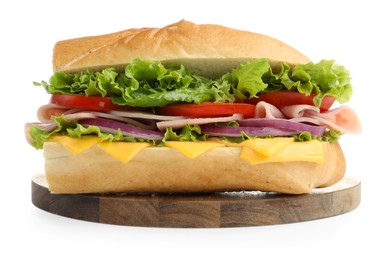 Photo of Tasty baguette sandwich with ham, cheese and vegetables isolated on white