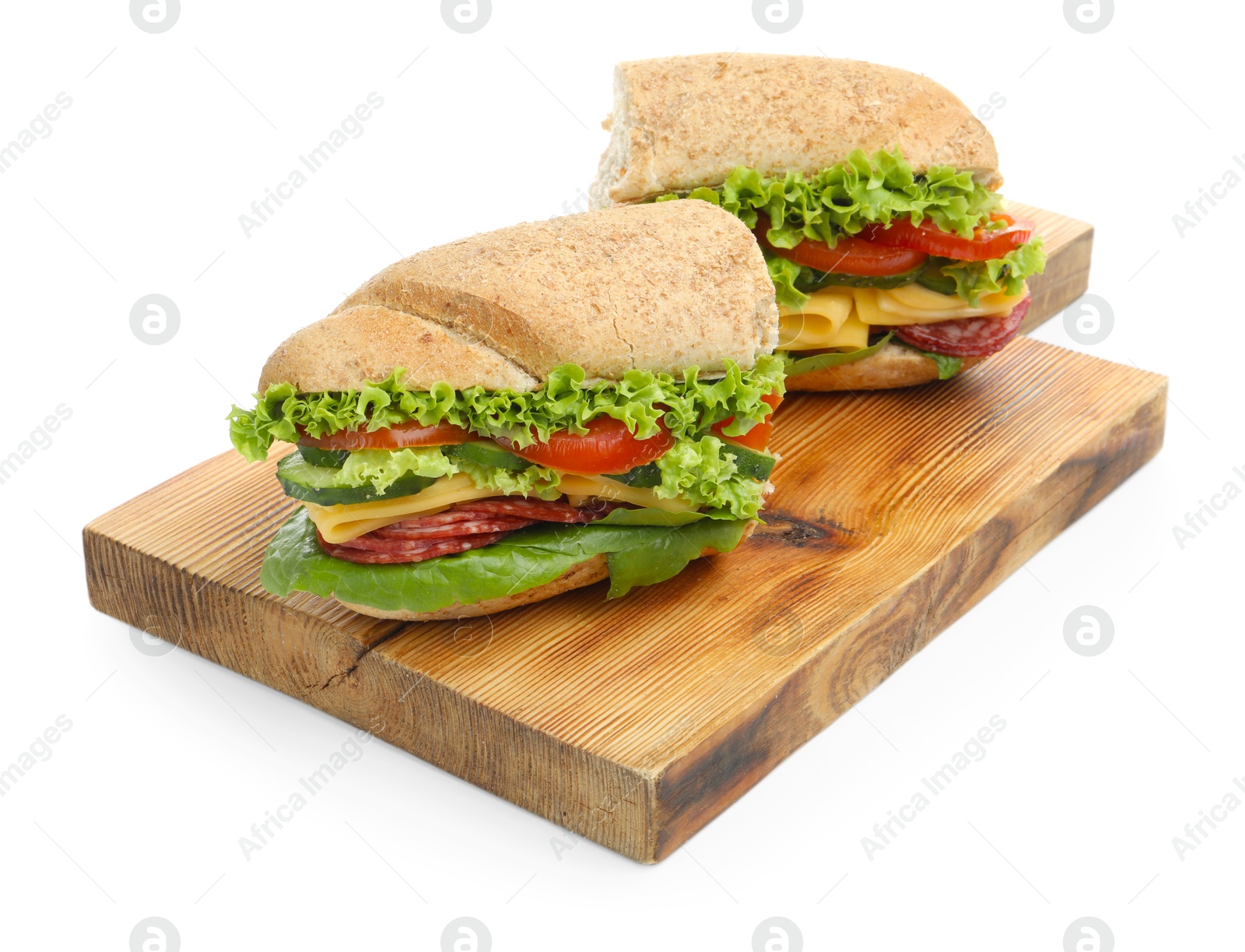 Photo of Pieces of tasty baguette sandwich with smoked sausage, cheese and vegetables isolated on white