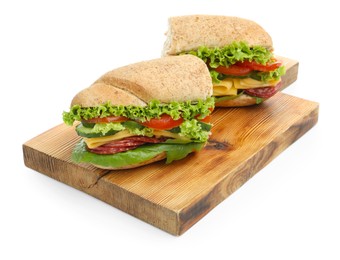 Photo of Pieces of tasty baguette sandwich with smoked sausage, cheese and vegetables isolated on white
