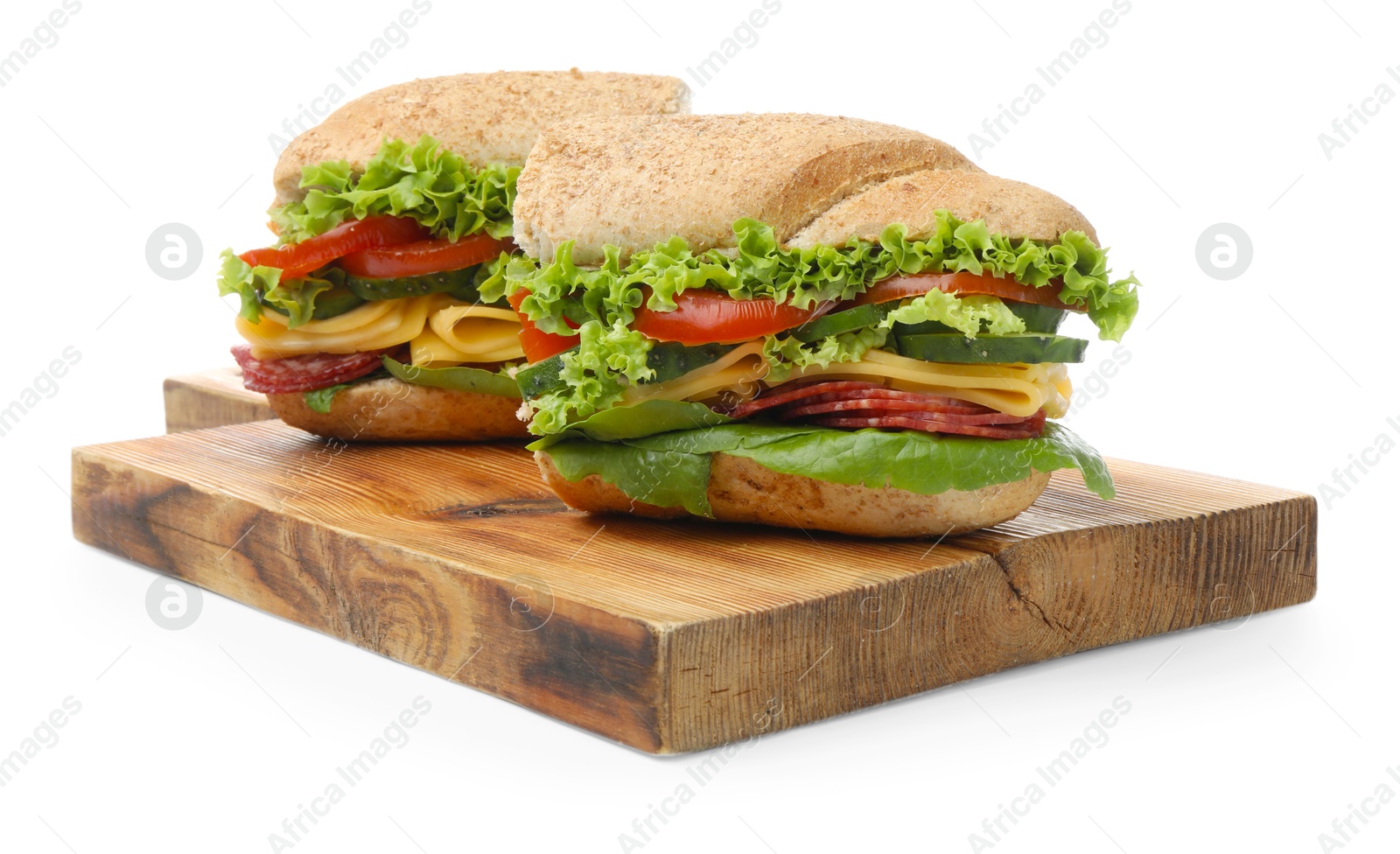 Pieces of tasty baguette sandwich with smoked sausage, cheese and vegetables isolated on white Photo of Pieces of tasty baguette sandwich with smoked sausage, cheese and vegetables isolated on white