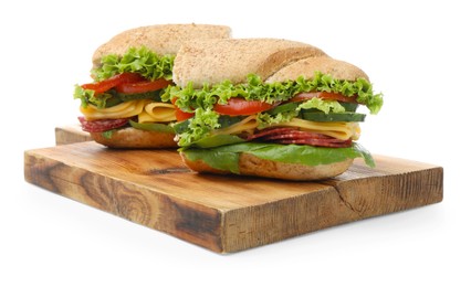 Photo of Pieces of tasty baguette sandwich with smoked sausage, cheese and vegetables isolated on white