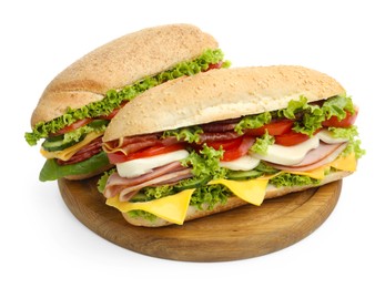 Photo of Tasty baguette sandwiches with ham, cheese and vegetables isolated on white