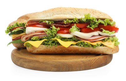Photo of Tasty baguette sandwiches with ham, cheese and vegetables isolated on white