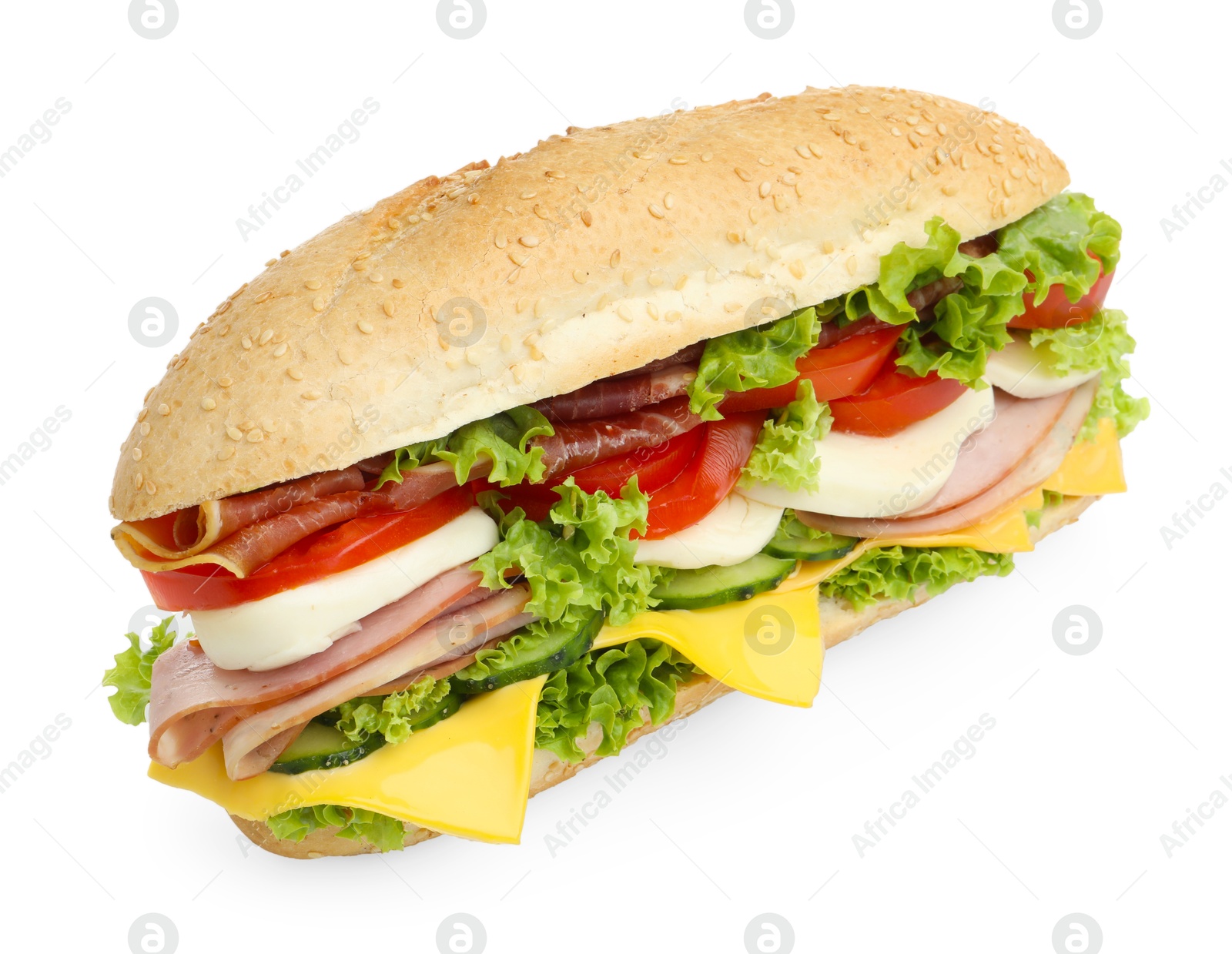 Tasty baguette sandwich with ham, cheese and vegetables isolated on white Photo of Tasty baguette sandwich with ham, cheese and vegetables isolated on white