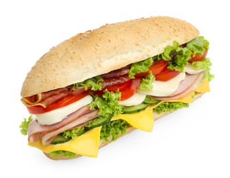 Photo of Tasty baguette sandwich with ham, cheese and vegetables isolated on white