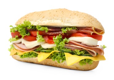 Photo of Tasty baguette sandwich with ham, cheese and vegetables isolated on white