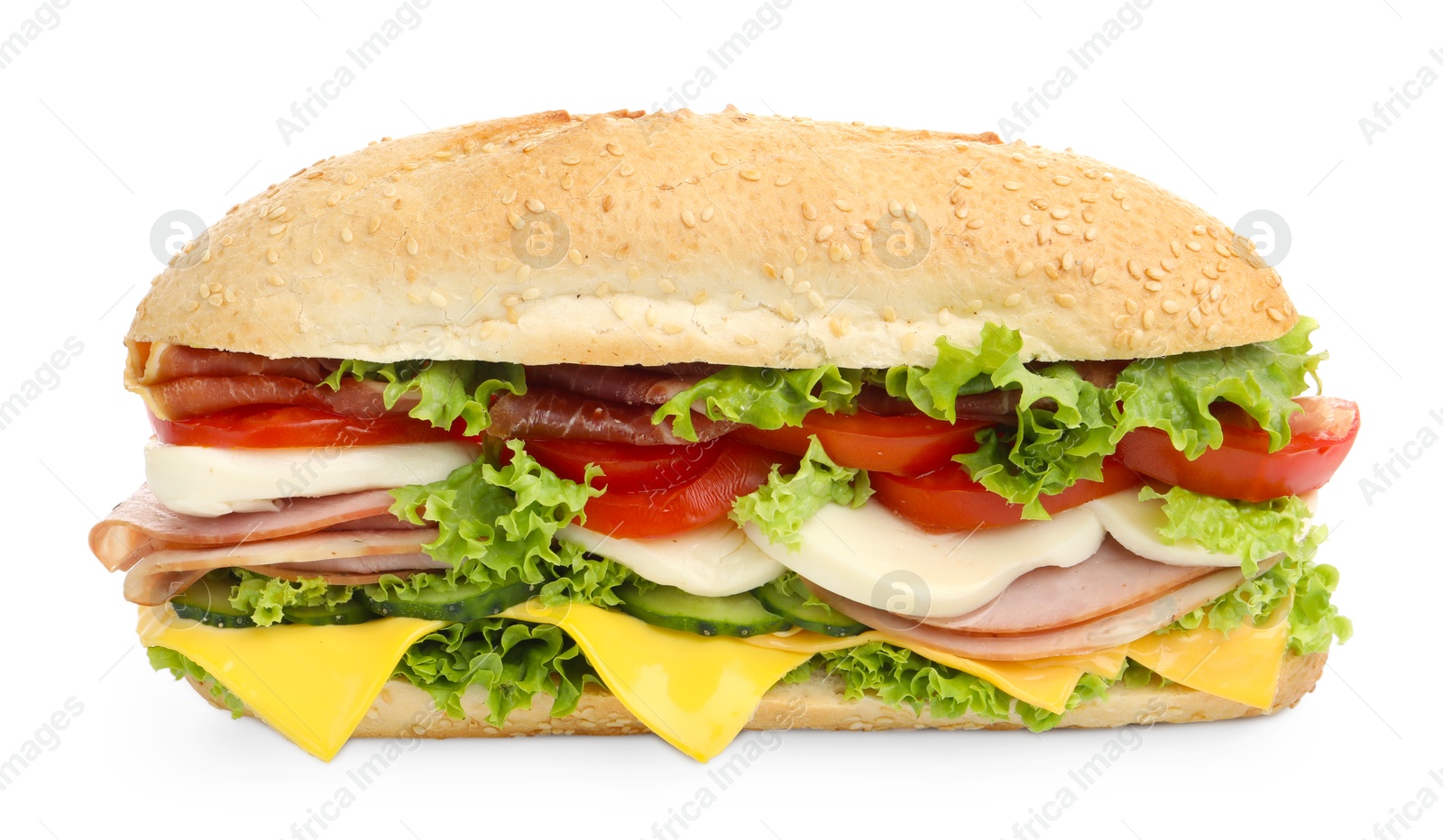 Tasty baguette sandwich with ham, cheese and vegetables isolated on white Photo of Tasty baguette sandwich with ham, cheese and vegetables isolated on white