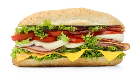 Photo of Tasty baguette sandwich with ham, cheese and vegetables isolated on white