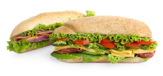 Photo of Tasty baguette sandwiches with smoked sausage, cheese and vegetables isolated on white
