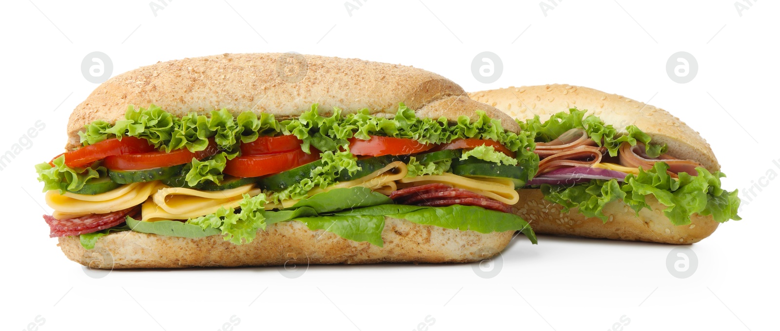Photo of Tasty baguette sandwiches with smoked sausage, cheese and vegetables isolated on white
