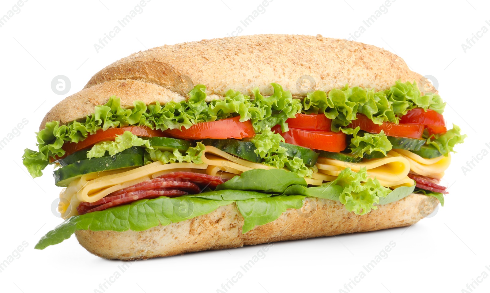 Tasty baguette sandwich with smoked sausage, cheese and vegetables isolated on white Photo of Tasty baguette sandwich with smoked sausage, cheese and vegetables isolated on white