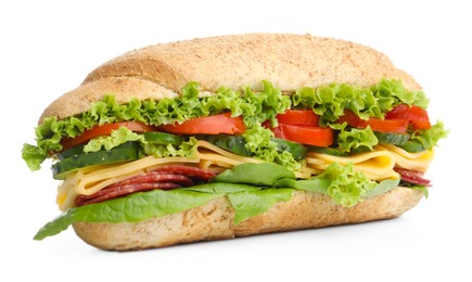 Photo of Tasty baguette sandwich with smoked sausage, cheese and vegetables isolated on white