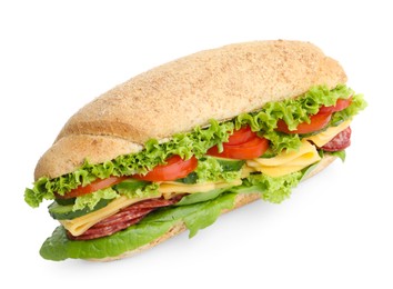 Photo of Tasty baguette sandwich with smoked sausage, cheese and vegetables isolated on white