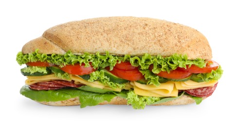 Photo of Tasty baguette sandwich with smoked sausage, cheese and vegetables isolated on white